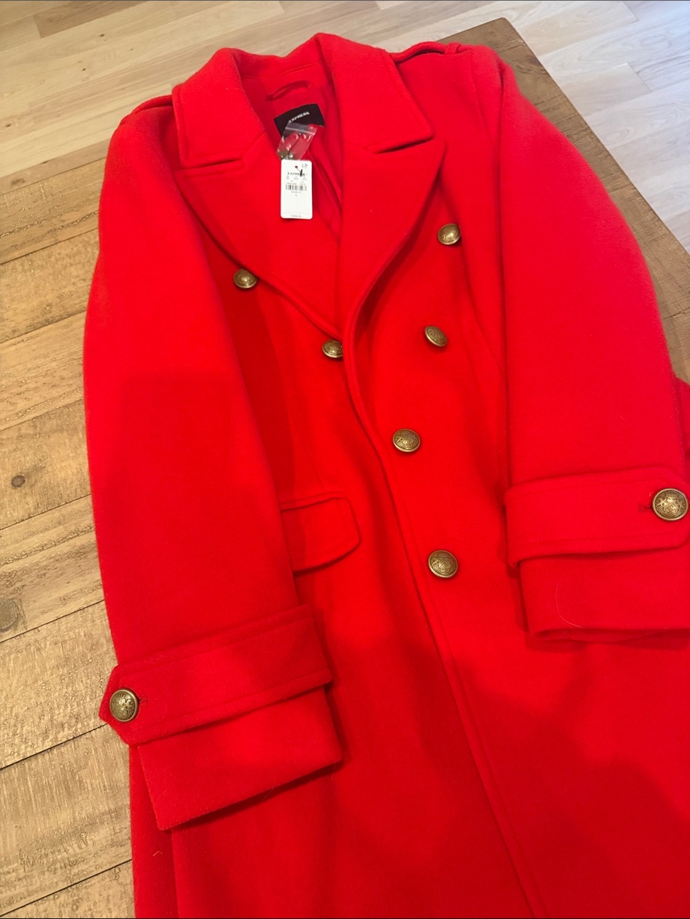 Express Bright Red Double-Breasted Pea Coat with Gold Buttons - Picture 4 of 4